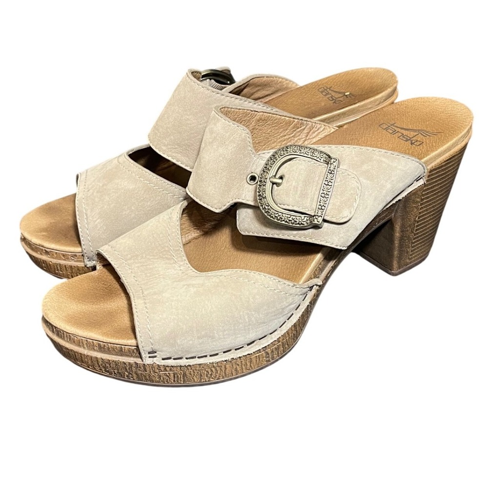 Dansko Ramona Clog Sandal Womens 41 Tan Taupe Suede Buckle Platform Block Heel